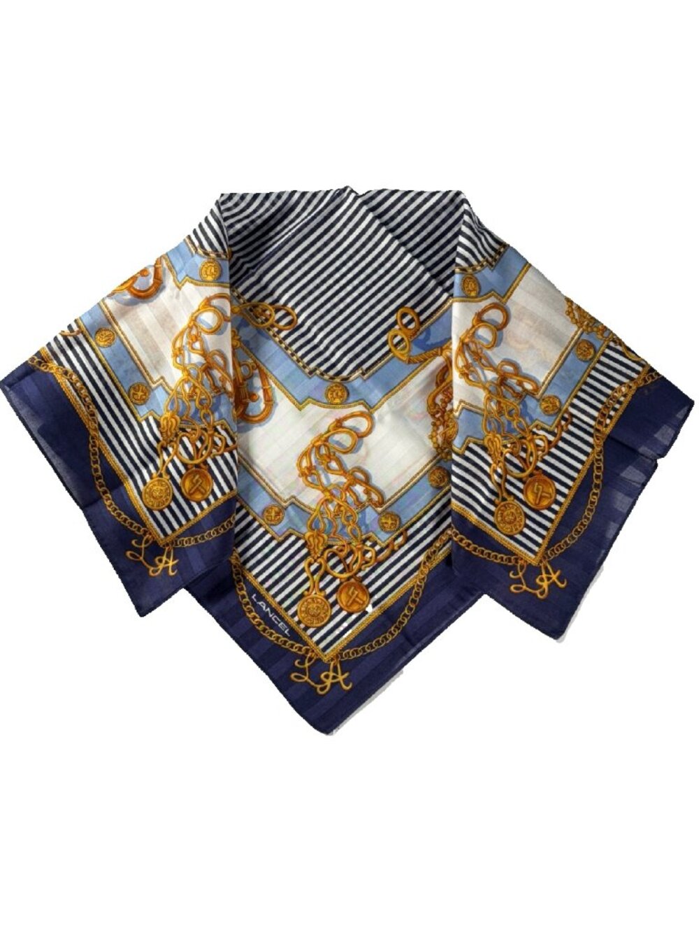 Vintage Lancel Cotton Scarf | Navy Blue & Gold Chain Print